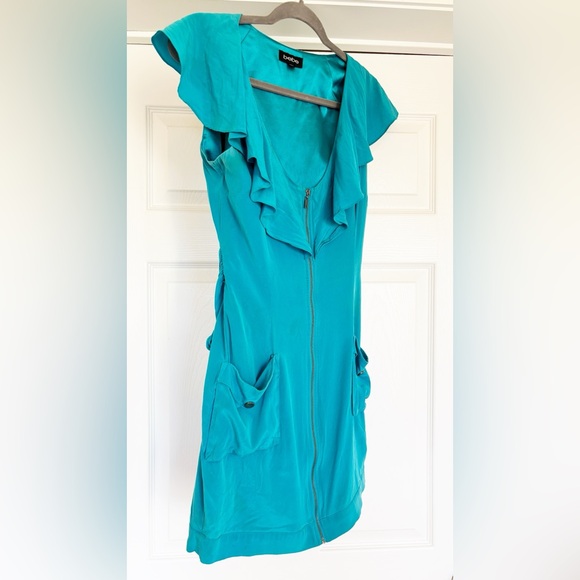 Used bebe Silk Teal Sleeveless Dress with Ruffle Detail in Size Small - Picture 3 of 13